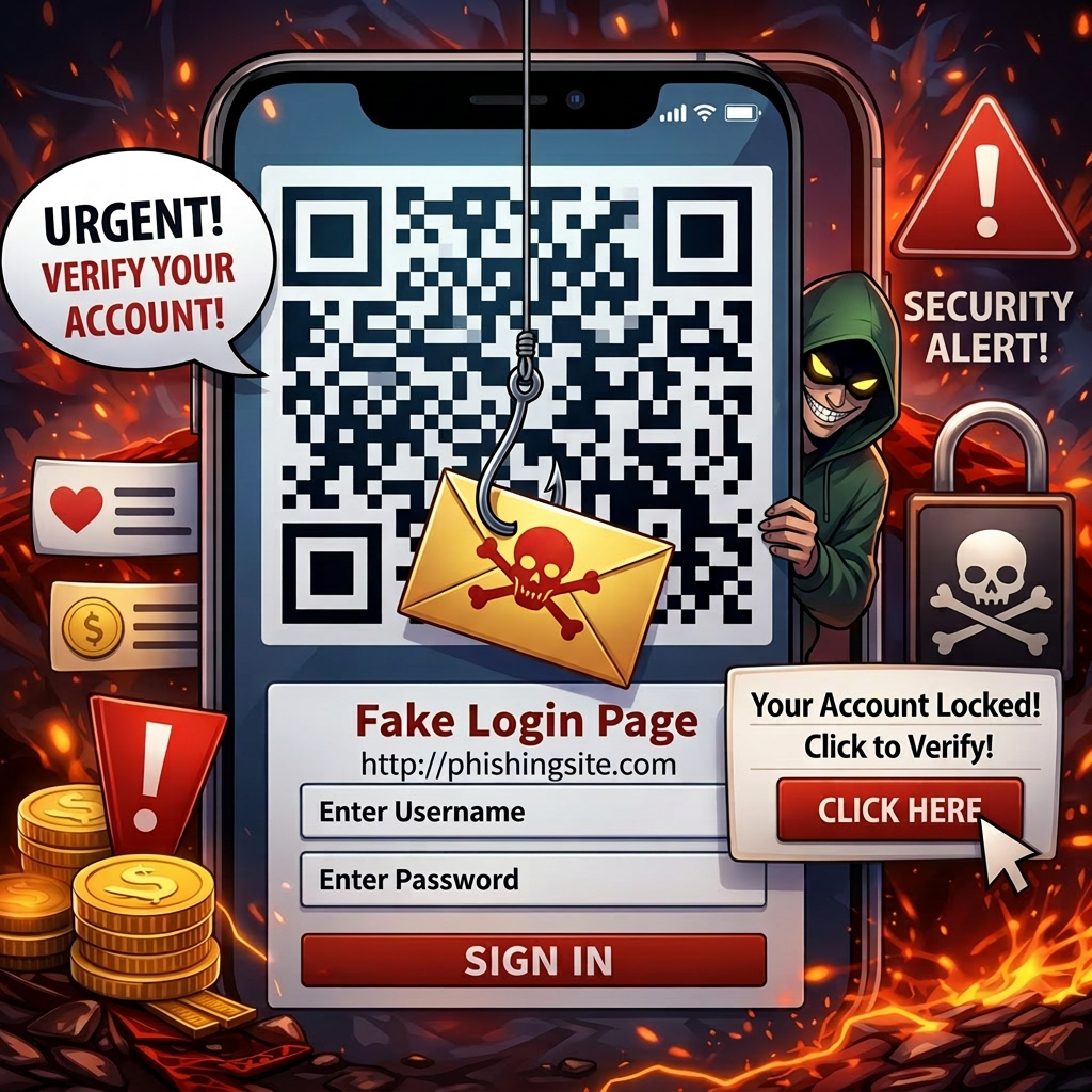 QR code phishing scam warning with fake login page and phishing hook