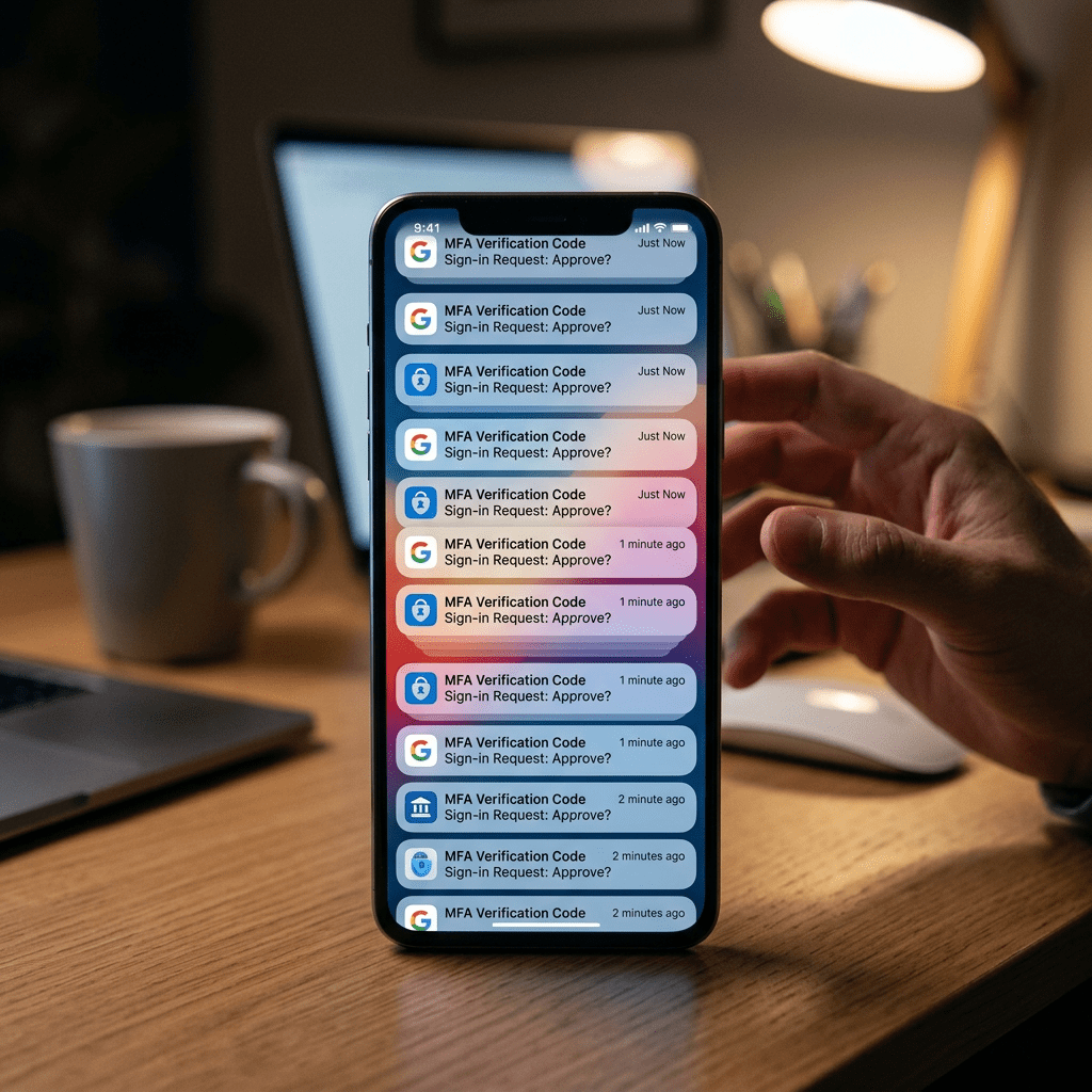 Smartphone screen showing many MFA verification code sign-in request notifications