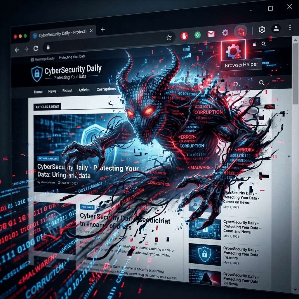 Demonic malware figure emerging from cybersecurity website with error and corruption text
