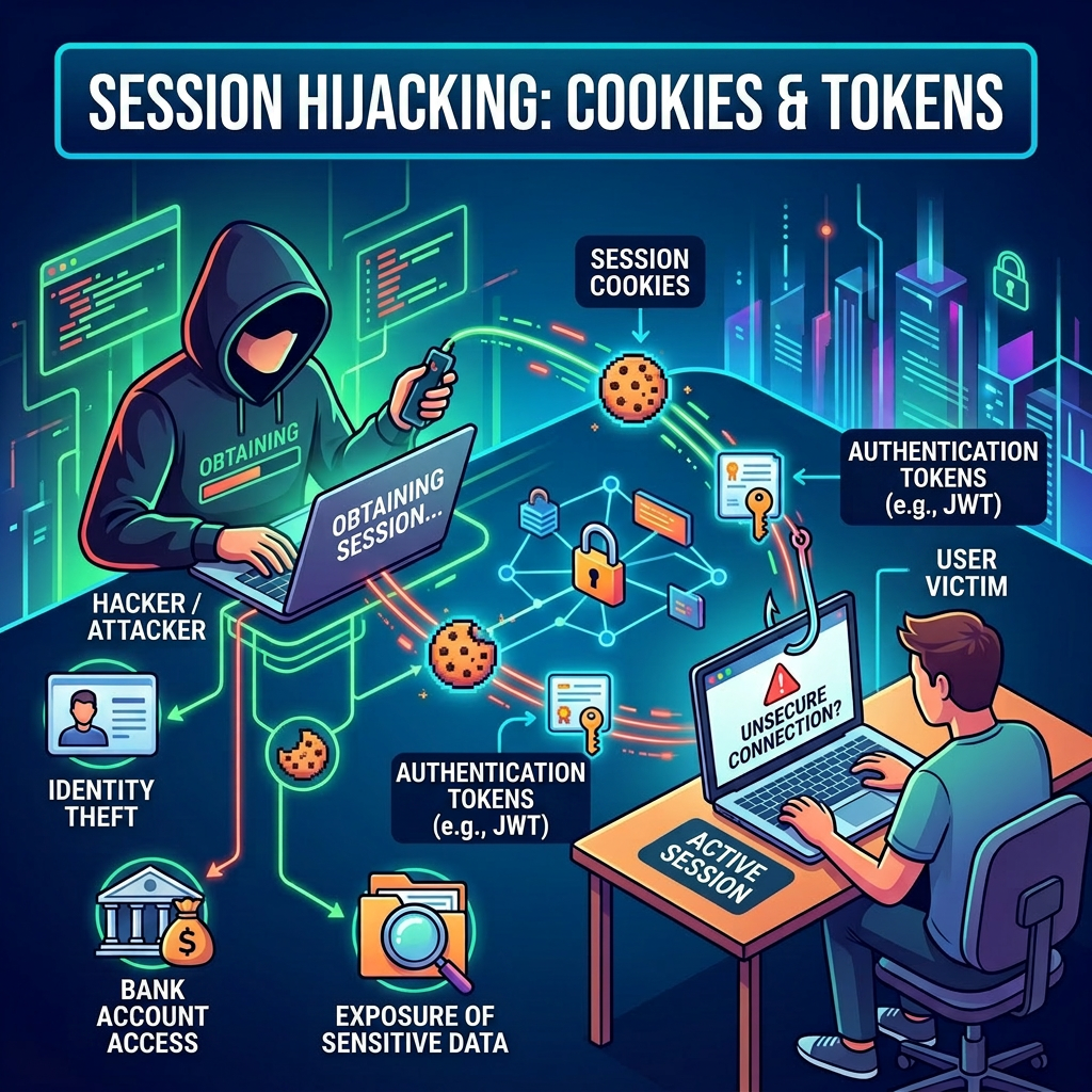 Diagram illustrating session hijacking with a hacker stealing session cookies and JWT tokens from a victim user with unsecured connection